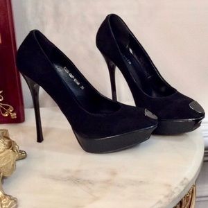 Vascnote Suede Stiletto Heel Black Platform Pump Sz.38